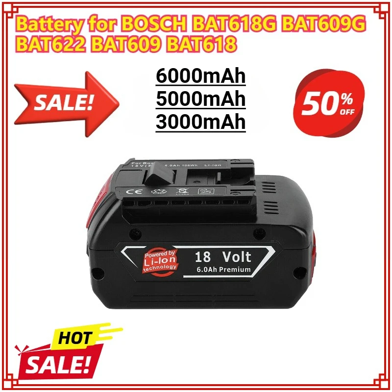 

18V 6.0Ah/5.0Ah/3.0Ah Li-ion Battery for BOSCH BAT618 GSR GBA GSB BAT609 BAT618G BAT609G BAT622 Professional Drill Battery