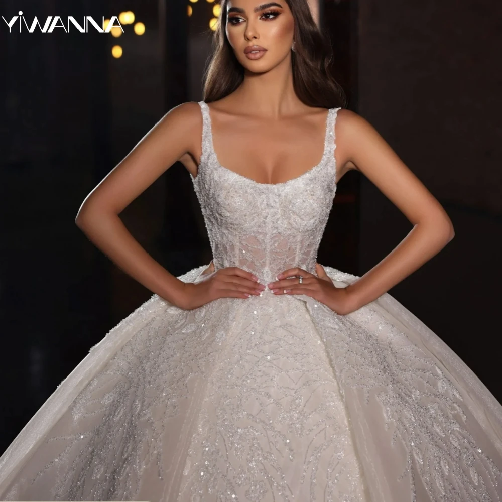 

Graceful Spaghetti Straps Bridal Dress Shiny Sequins Beads Wedding Gown Luxury Strapless Ball Gown Bride Robe Vestido De Novia