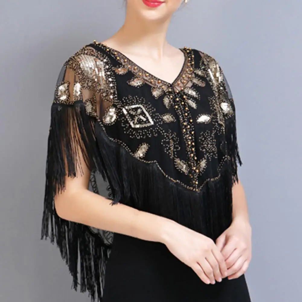 Women 1920s Sequined Shawl with Tassels Beaded Pearl Fringe Solid Color Sheer Mesh Wraps Gatsby Flapper Bolero Cape Cover Up