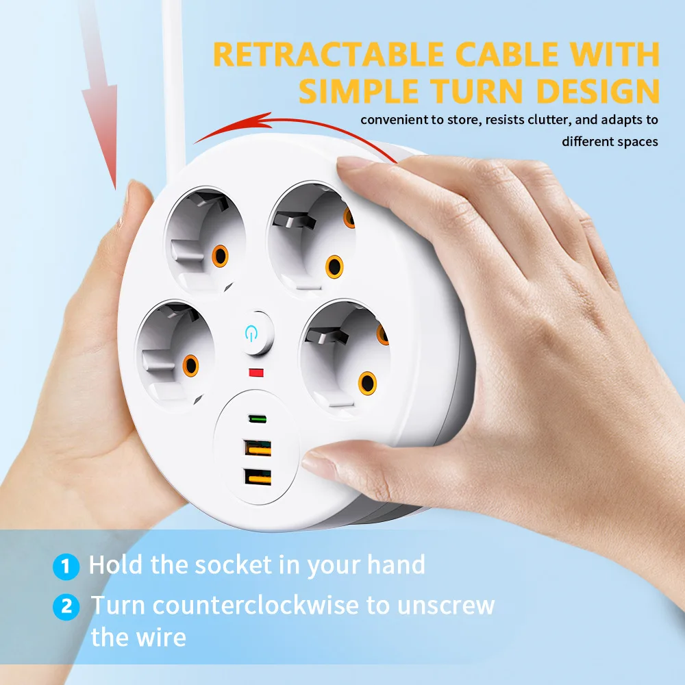 European Standard Reel Cable Socket 4-position Jack with 2.8M Retractable Winding European Standard Desktop USB Socket