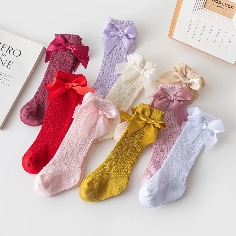 0-24M Infant Baby Girls Knee High Socks Breathable Cutout Mesh Cute Bows Dress Socks Newborn Stockings for Clothing Accessories