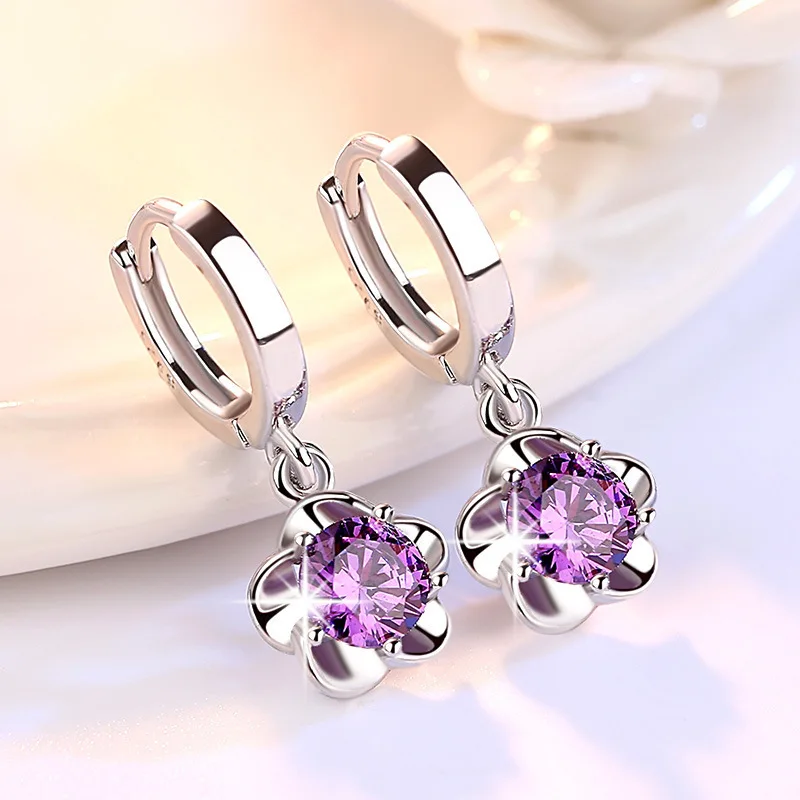 

925 Sterling Silver Earrings Jewelry High Quality Retro Simple Pattern Purple White Zircon Earrings Hot Sale