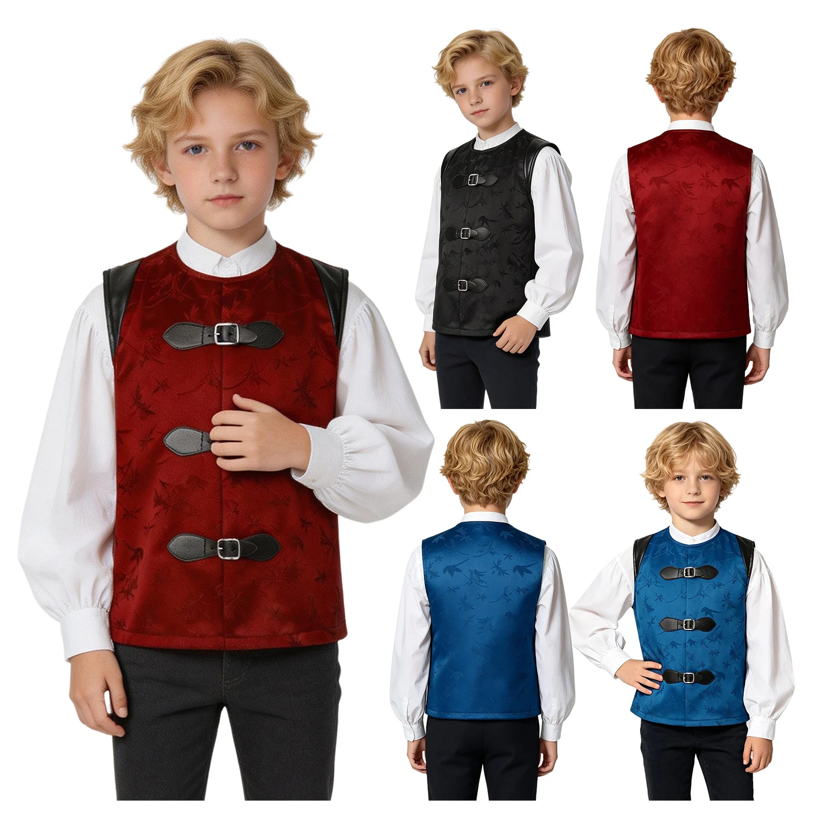 Kids Boys Medieval Prince Cosplay Waistcoat Sleeveless Faux Leather Buckles Vest Tops for Halloween Themed Costume Party Wear view 5