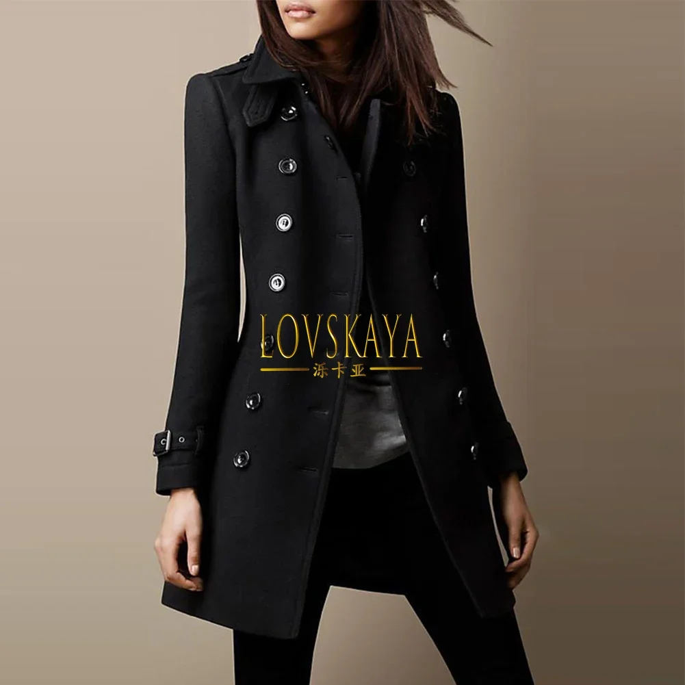 Double Breasted Faux Wool Coat Overcoats Jacket Long Style Lapel Trench Parka Slim Fit Woman Clothing