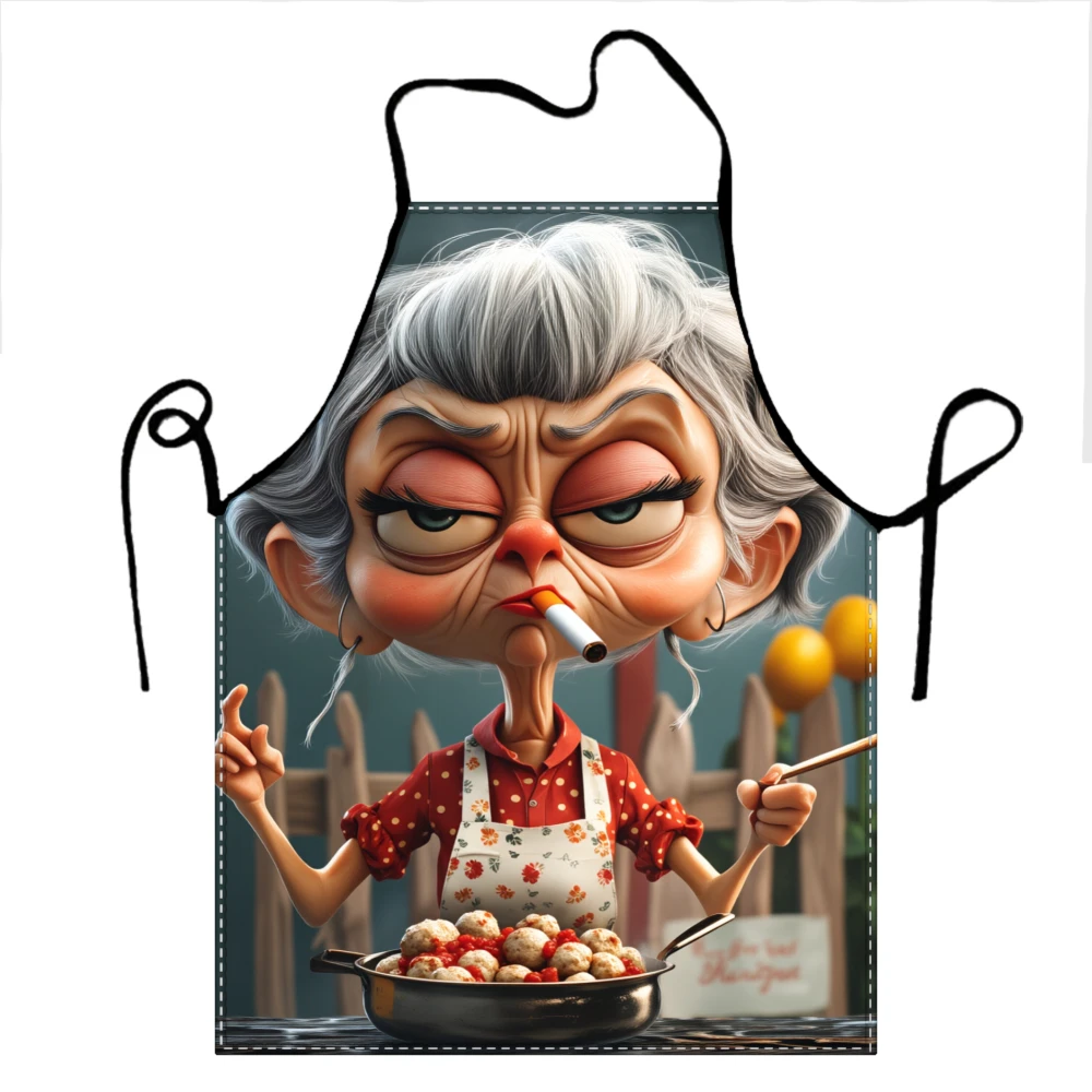 Cartoon Grandma Cooking Apron With Funny Character Design For Kitchen Use