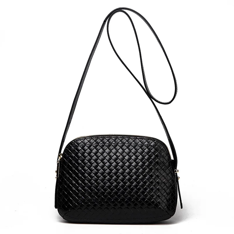 Aidrani   Black minimalist women\'s single shoulder crossbody bag made of high-quality cowhide with woven patterns printed on it