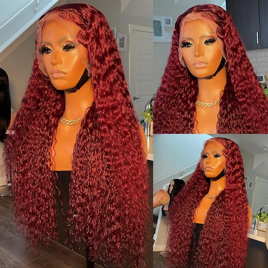 Perruque Lace Front Wig sans colle bouclée Deep Wave pour femme, cheveux humains, couleur rouge bordeaux, 13x4, 13x6