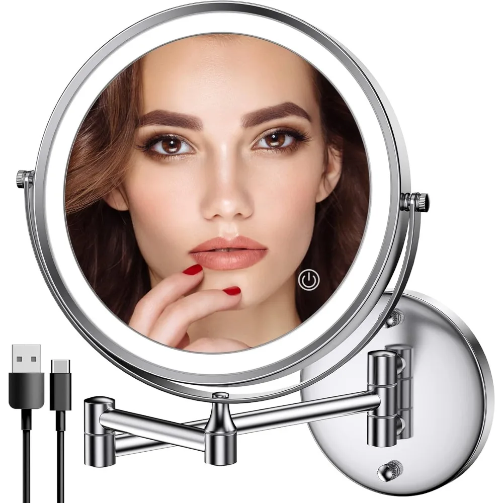 

Rechargeable Wall Mounted Makeup Mirror, 8 Inch Double-Sided LED Vanity with 1X/10X Magnification, Touch Screen Dimmable