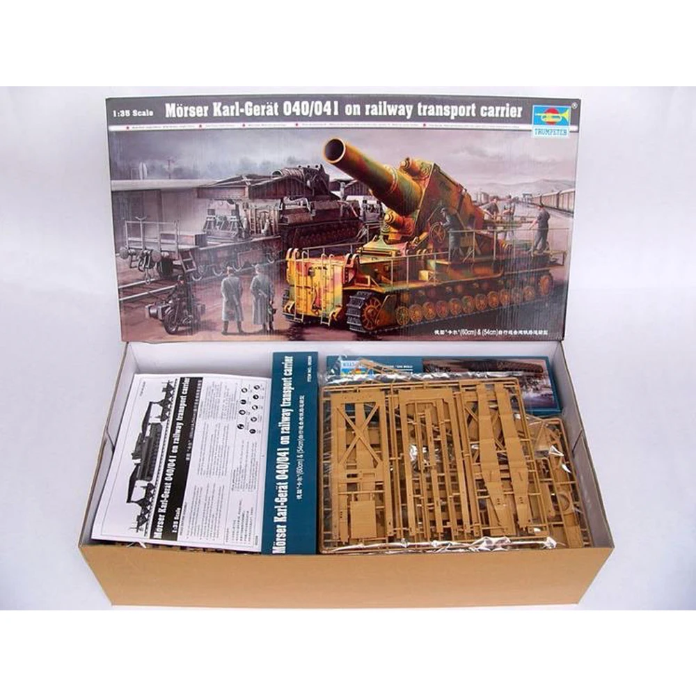 

Trumpeter 00209 1:35 Scale Morser Karl Gerat 040 041 on Railway Transport Carrier Plastic Assembly Model Kit Military Toy