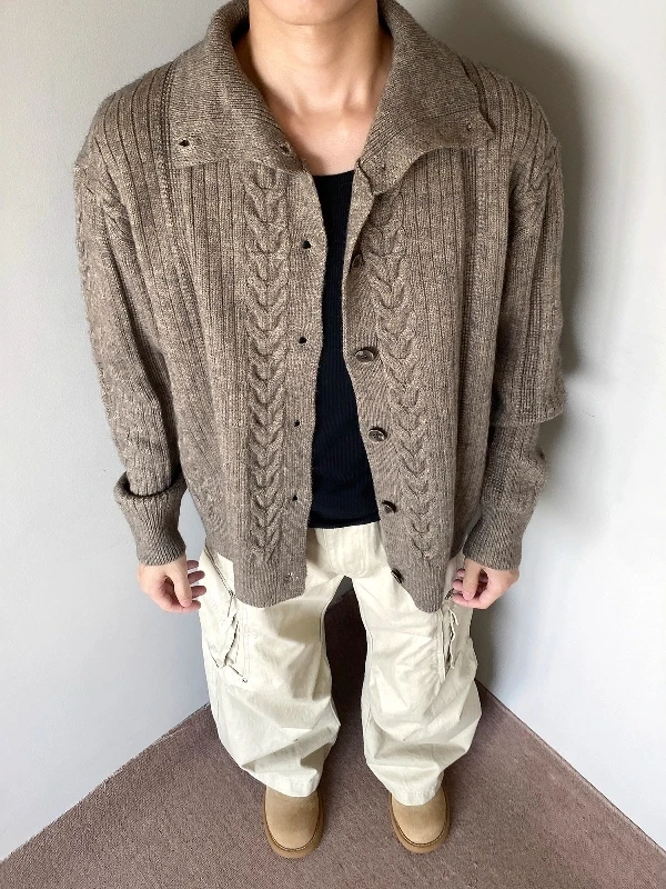 

Осень-зима, американский ретро пшеничный полосатый открытый кардиган, свитер, мужской ленивый теплый вязаный топ с высоким воротником, мужская мода