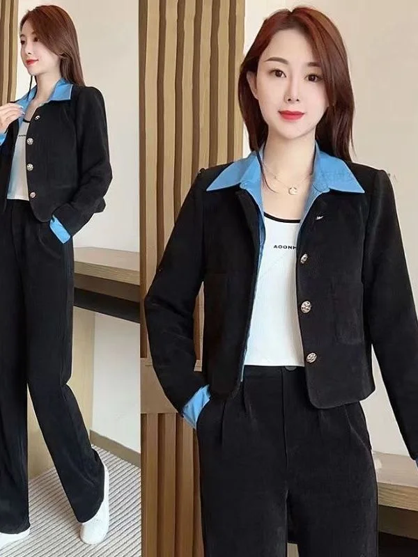 

Модный повседневный комплект больших размеров из европейского хлопкового вельвета, скрывающий недостатки фигуры, с эффектом похудения, состоящий из двух предметов: топ и брюки с высокой талией, весенняя коллекция.