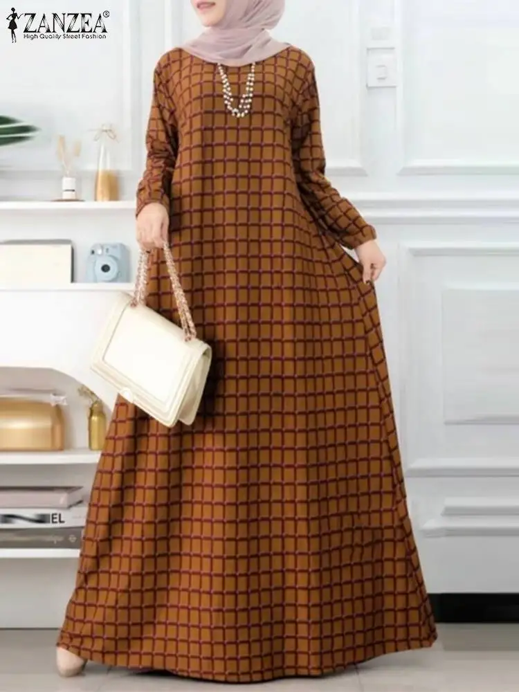 Women Autumn Plaid Checked Dresses Fashion Muslim Turkey Abaya Hijab Sundress ZANZEA Bohemain Long Sleeve Loose IsIamic Robe