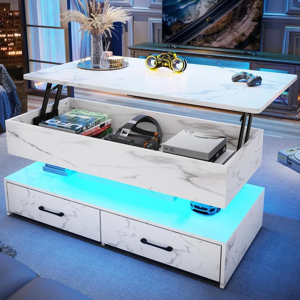 

Storage Coffee Table with Lift Top and LED Lighting for Living Room, Compact Size with 2 Drawers