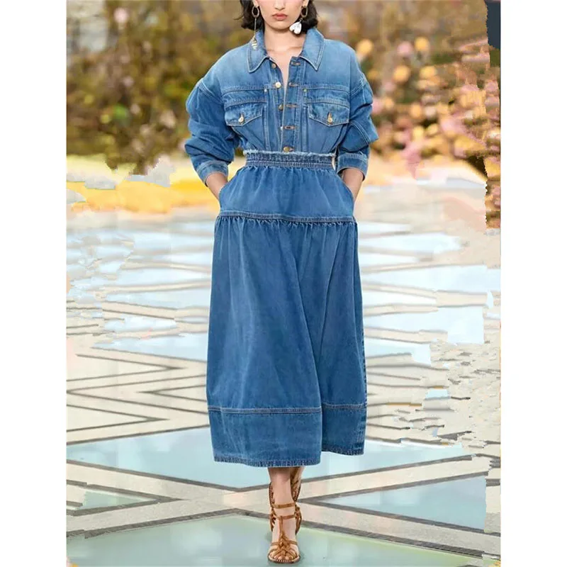 Women Suits 2023 High Quality Runway Turn-down Collar Long Sleeves Denim Coat +Skirt Two-piece Jeans Clothing Sets NP1903Y