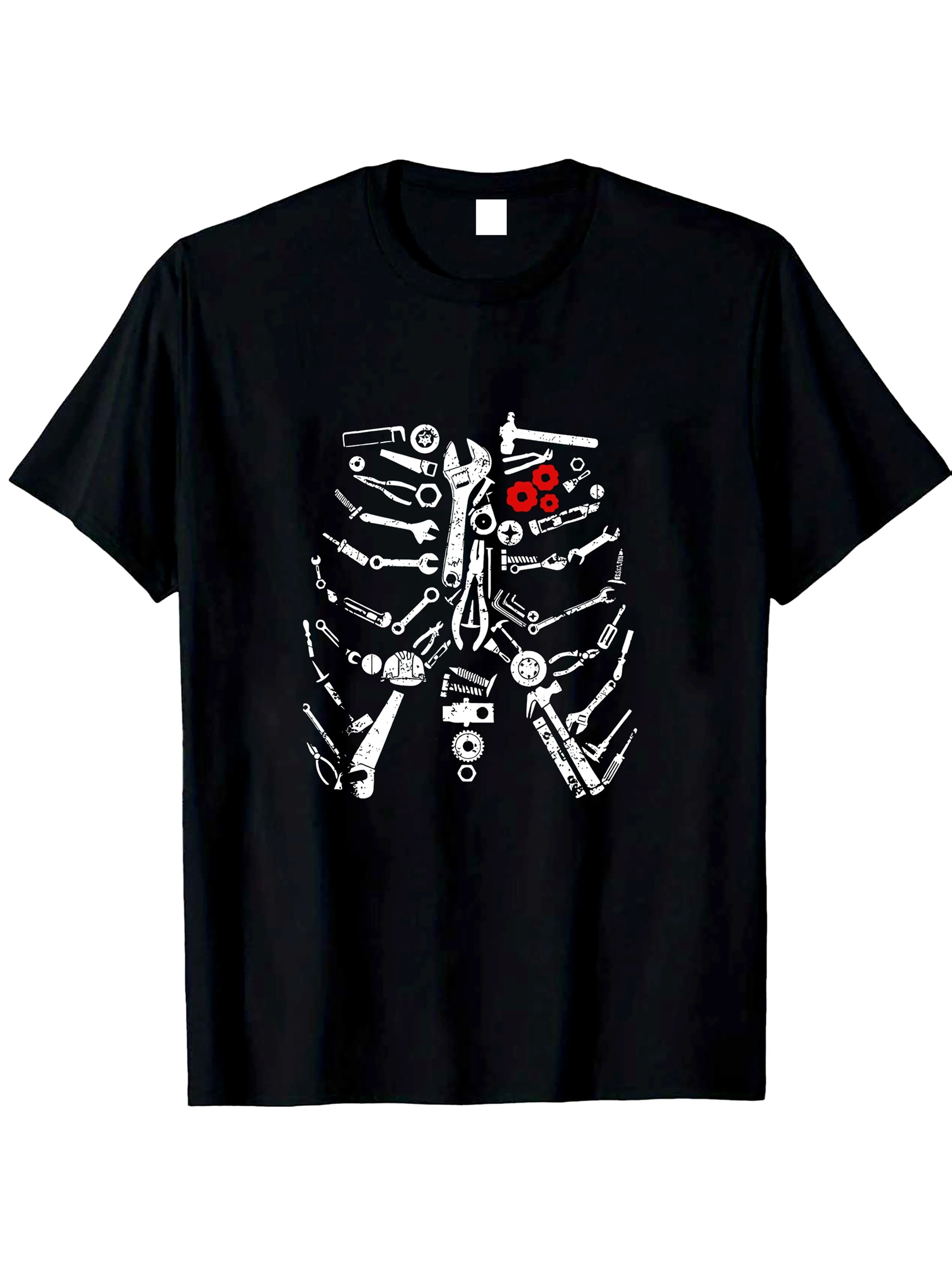 Retro Wrench Gear Skeleton Pattern T-shirt Men Women Auto Repair Technician Tee Loose Daily Workwear Street Fashion Tops