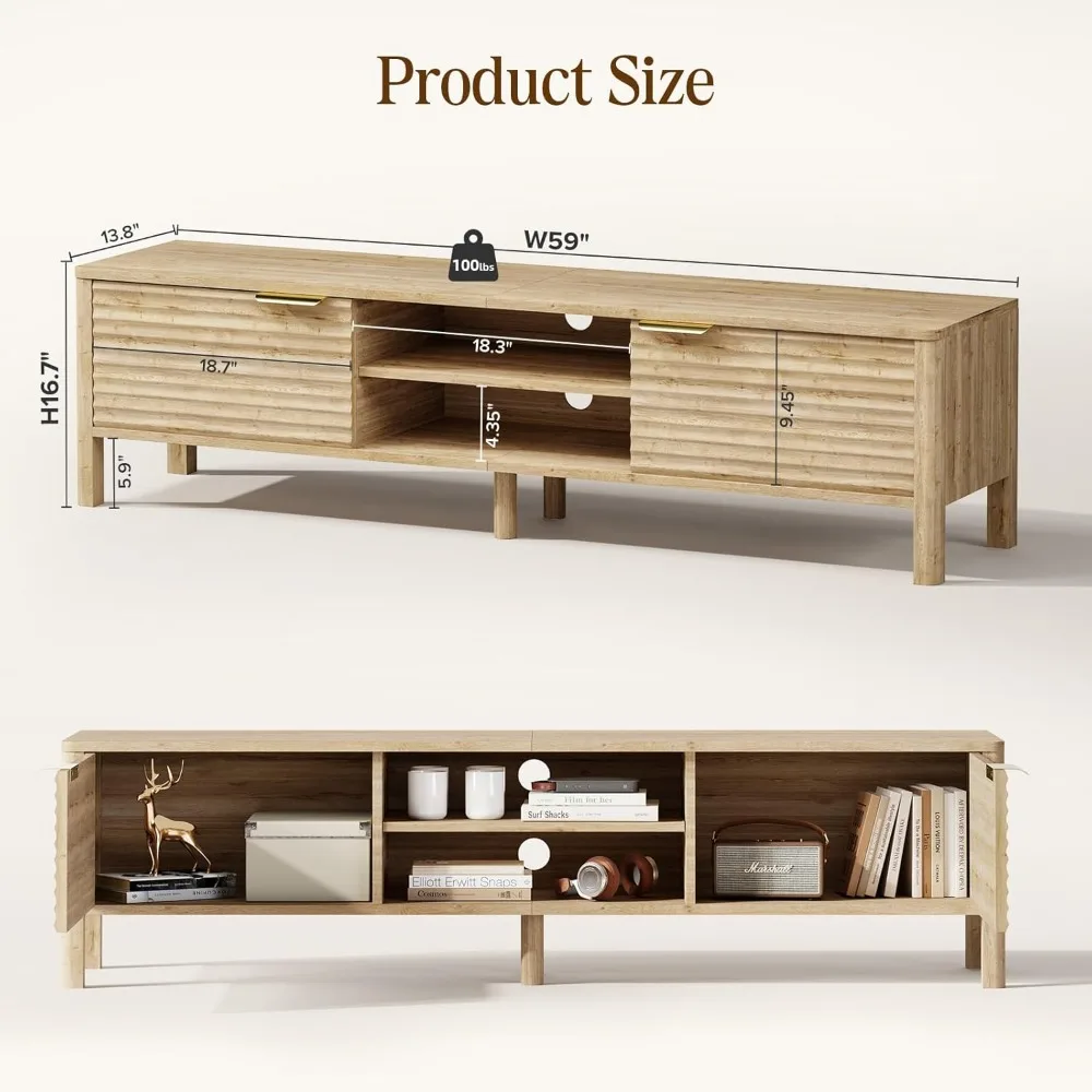 حامل تلفزيون حديث من منتصف القرن لغرفة المعيشة: أرفف تخزين وأرفف قابلة للتعديل لمركز الترفيه لأجهزة التلفاز مقاس 65 بوصة