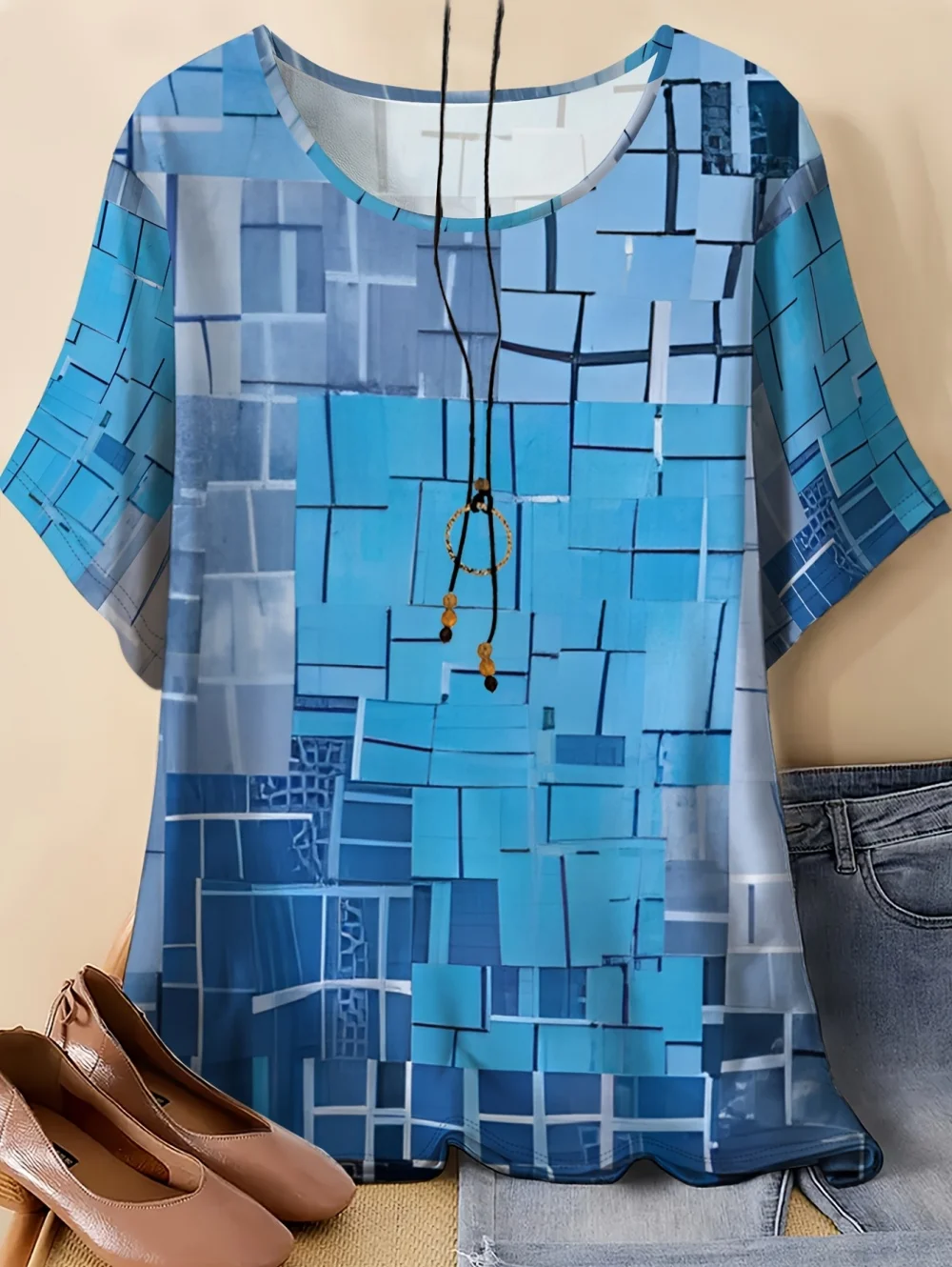 Fashion Loose T-Shirt Woman Elegant O-Neck Geometry Graphics Tee Shirt Printed Casual Tops Outdoor Tshirts Summer Clothes