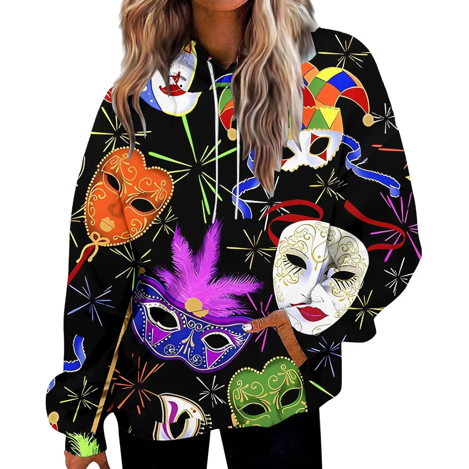 New Funny Carnaval Hoodies Mardi Gras 3D Print Women Hip Hop Streetwear Long Sleeve Hooded Sweatshirts Pullovers Female Clothing