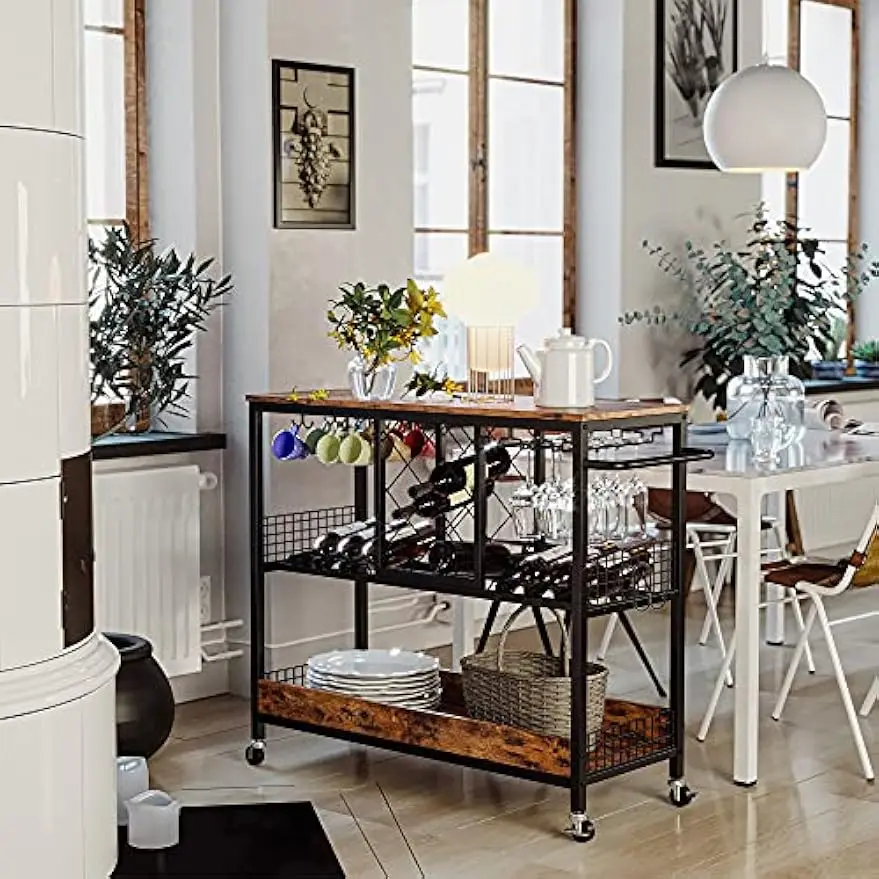 Serving Cart with Wine Rack Glasses Holder Kitchen Cart on Wheels Wood and Metal Frame, Vintage Brown