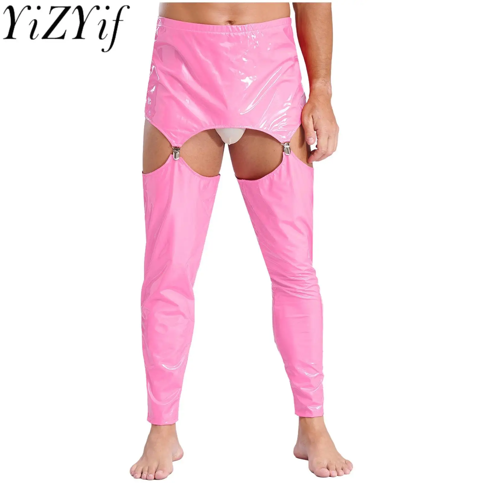 

Men's Lingerie Patent Leather No Crotch Pants Elastic Waist Thigh Cutout Sissy Tights Leggings Gays Temptation Night Underpants