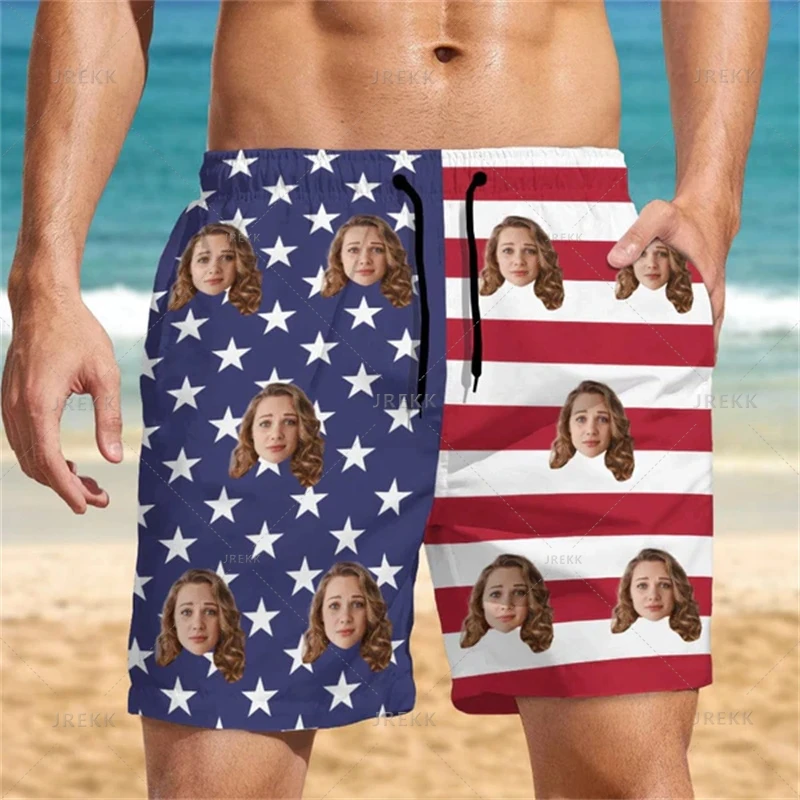 Vintage 3D America Flag Printing Beach Shorts For Men Funny Custom Face Graphic Swimming Trunks Women Fashion Board Shorts Pants