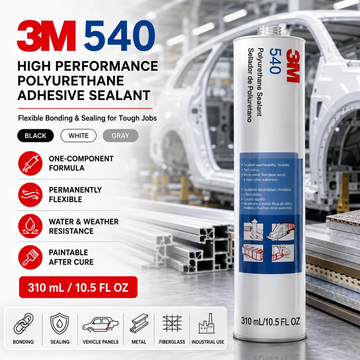 Professional 3M 540 Polyurethane Adhesive Sealant for Automotive Metal Panels Construction Joints for Mechanics Contractors