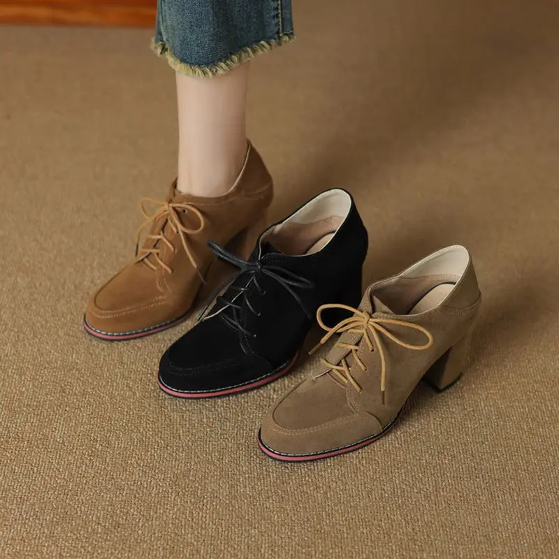 

ASILETO Brand Office Lady Pumps Round Toe Block Heels 8cm Lace Up Flock Suede Plus Size 42 43 Fashion Women Daily Shoes Spring