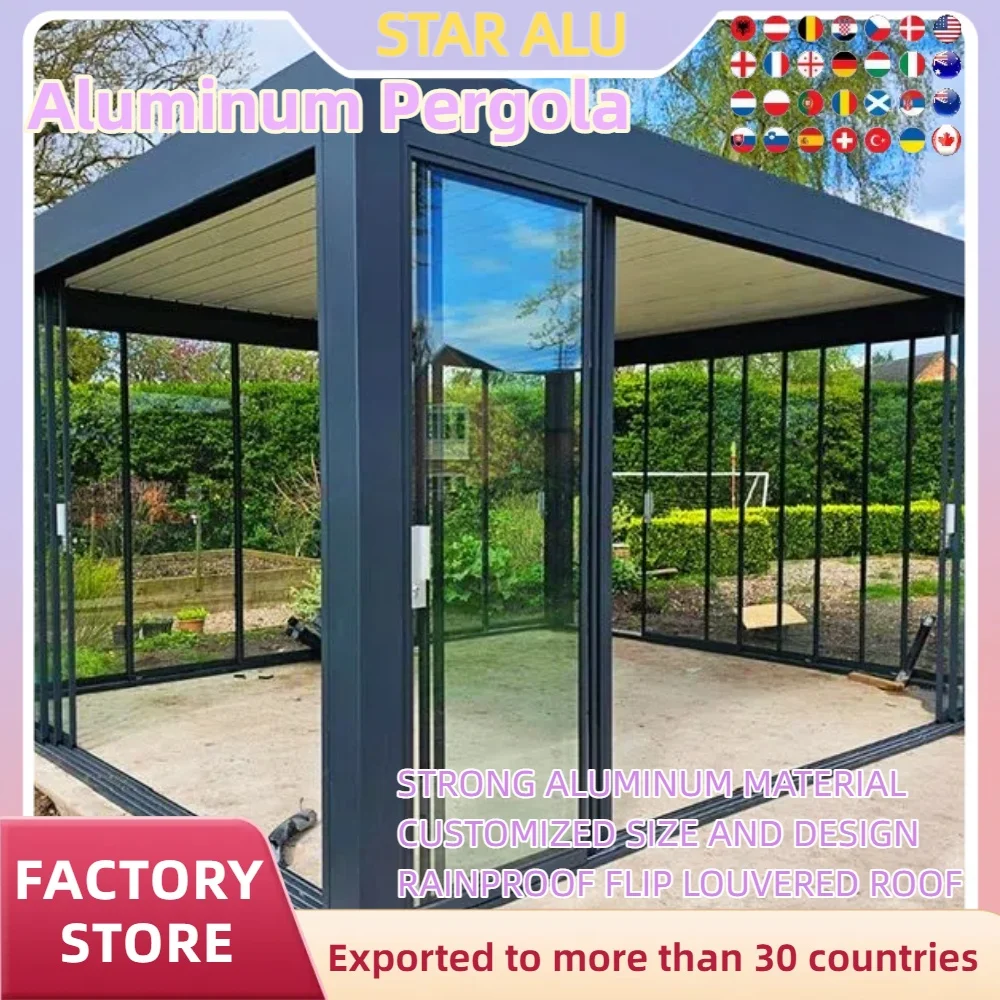 Bioclimatic Aluminum  motorized Pergola with sliding glass door 4x3m or customized size  Outdoor garden Pool Aluminium Louvered