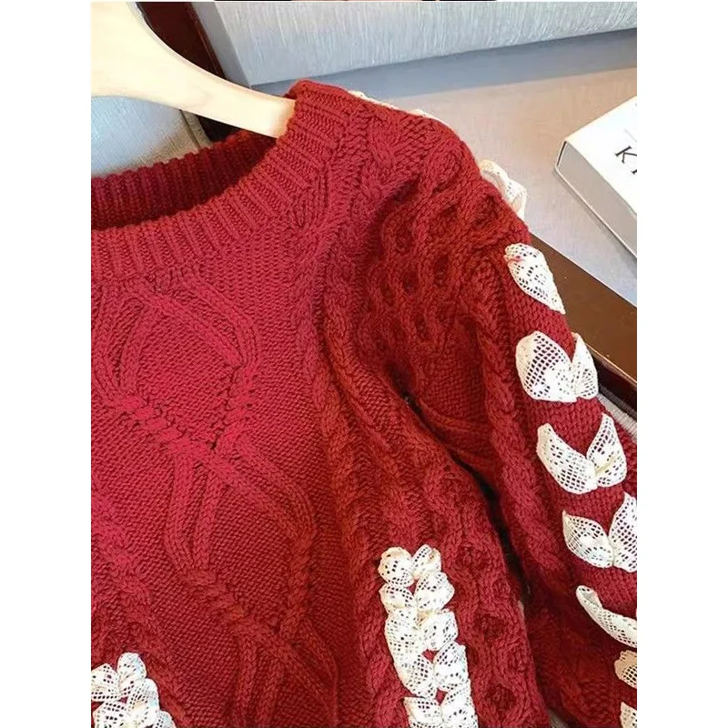 Autumn Winter New Christmas Red Knitting Sweater Women Clothes Fashion Patchwork Lacing Bow O-neck Long Sleeve Pullovers Femme