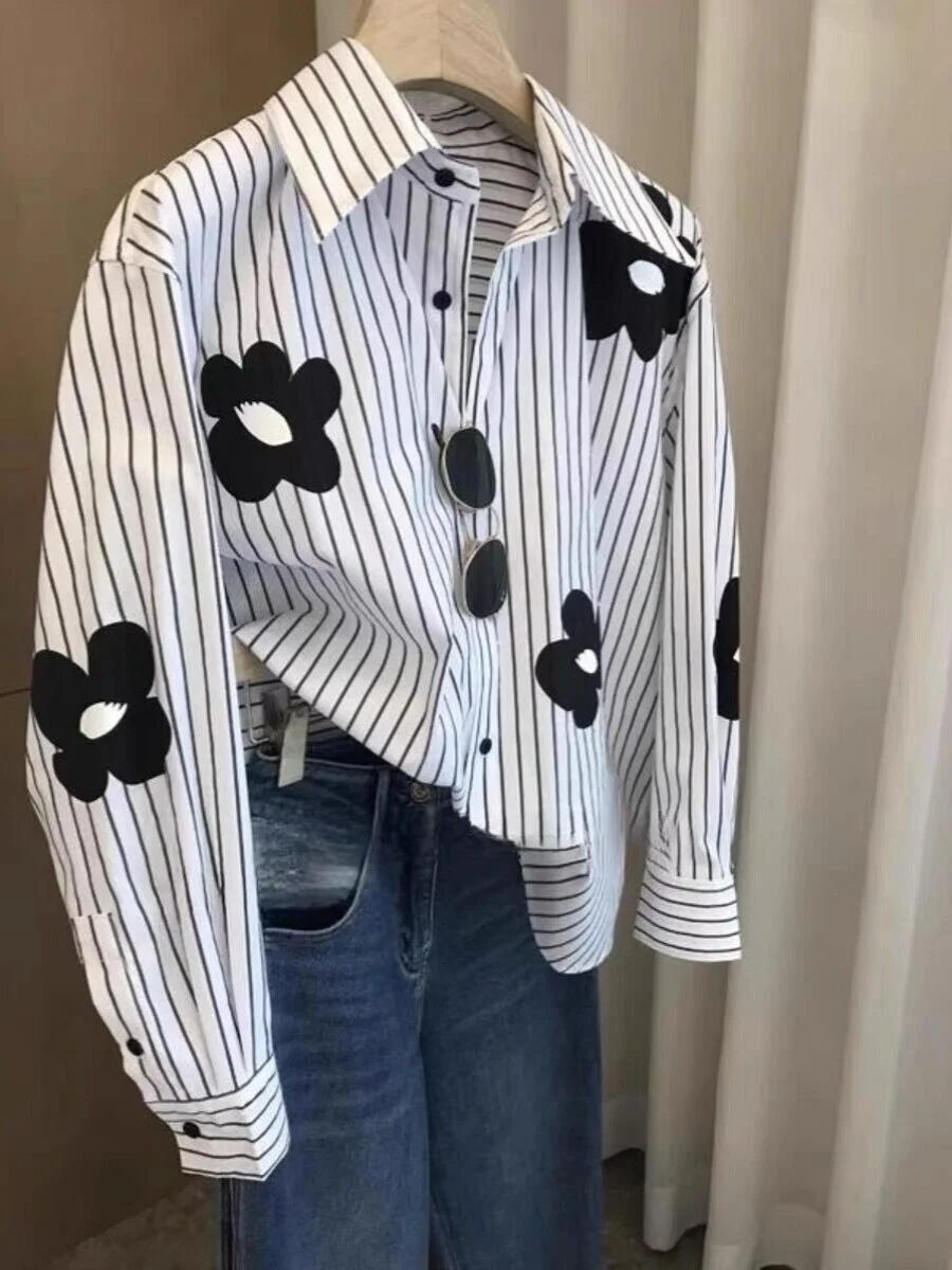 

Striped Flower Printed Long Sleeve Shirt 2026 Spring New Turndown Collar Single Breasted Blouse Women's Versatile Loose Jacket