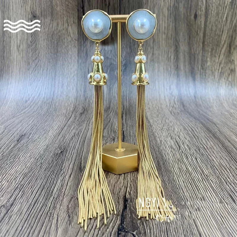 vintage personality cold style long sweep shoulder studs exaggerated fringe elegant high touch pearl earrings