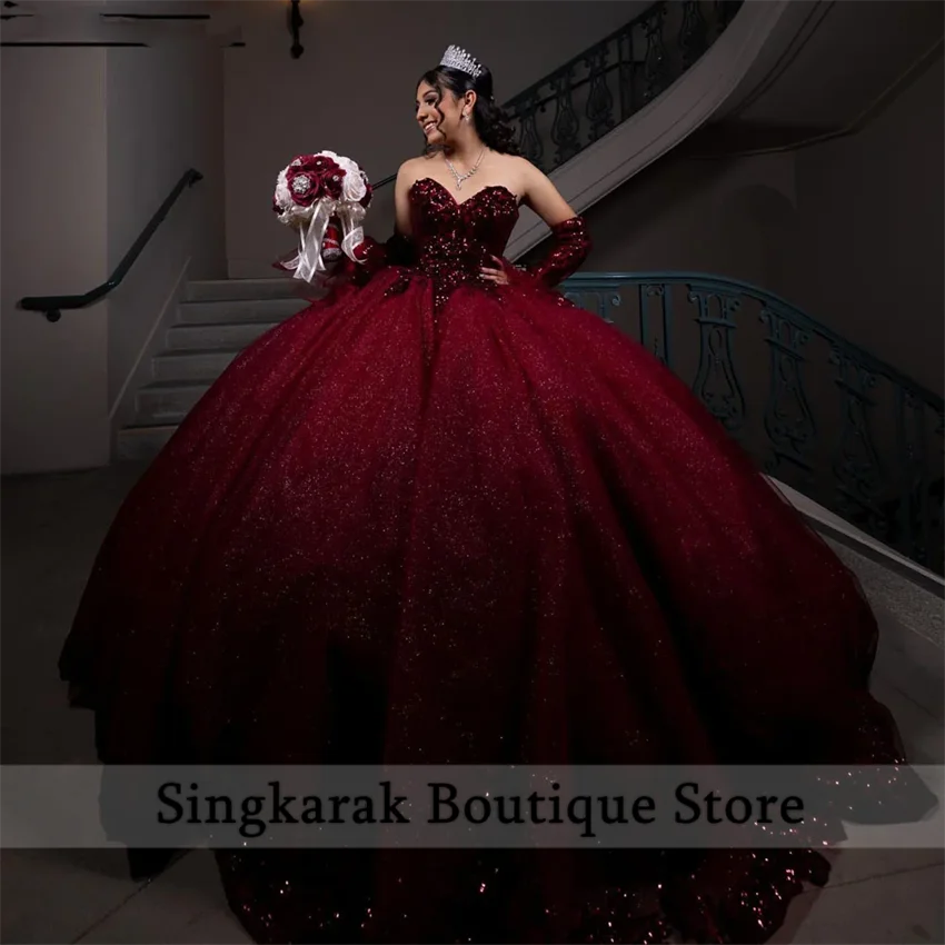 Sparkly Wine Red Quinceanera Dress Sweet 16 Dress Crystal Beads Diamonds Sequins Party Gowns With Sleeves Customized