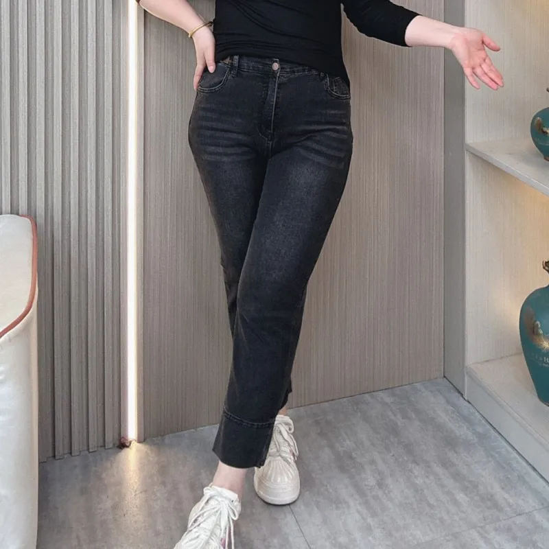 Straight Leg Jeans Women Spring 2024 New Plus Size Loose Elastic High Waist Splice Denim Ankle-Length Pants