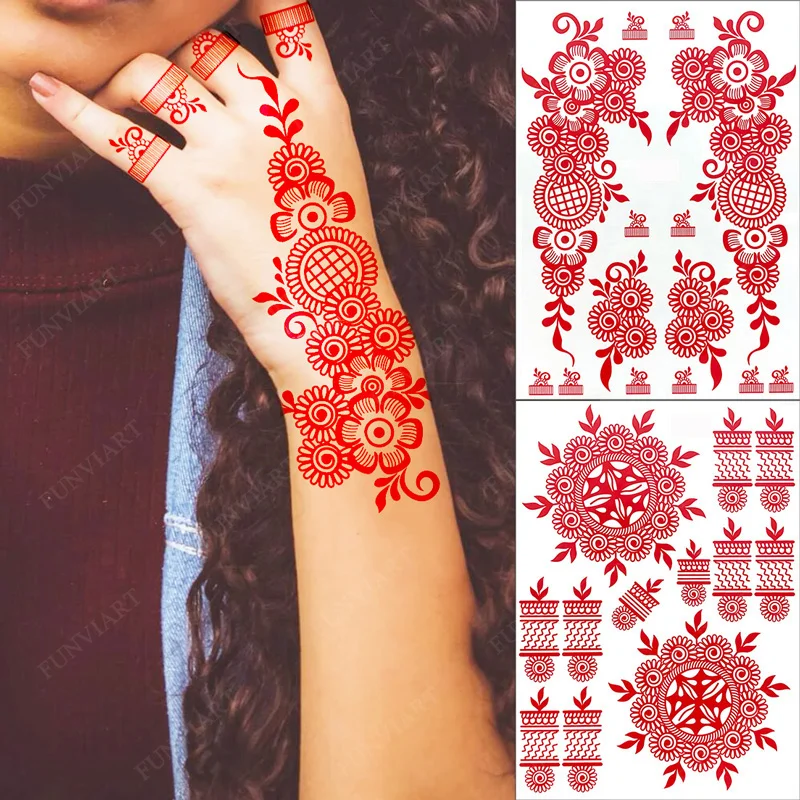 New Design Red Henna Tattoo Stickers for Hand Foot Flower Temporary Tattoos for Woomen Wedding Party Fake Tattoo Waterproof