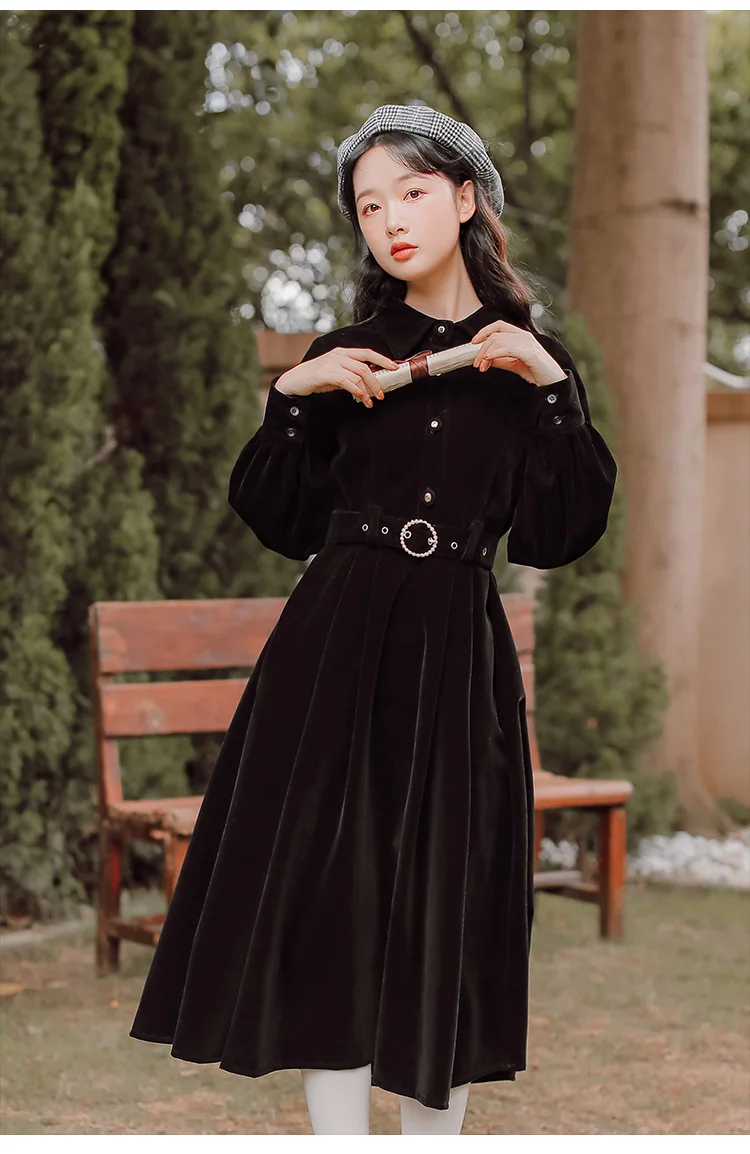 

Women's Long Sleeve Polo Collar Belt Dress Solid Color Temperament Elegant Vintage Style High Quality New Spring and Autumn 2024