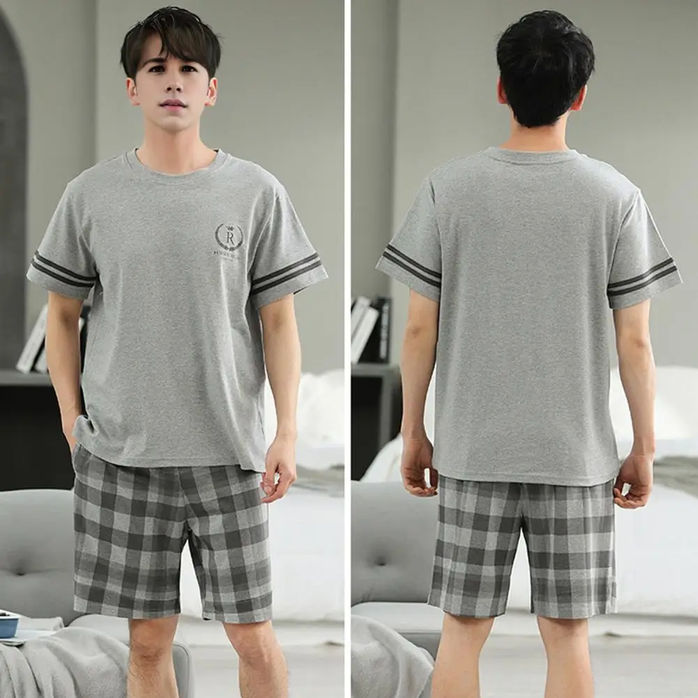 Men Leisurewear Set Men's Summer Pajamas Set with O-neck Tee Shirt Wide Leg Shorts Plaid Pants Shorts Pajamas Set for Leisure