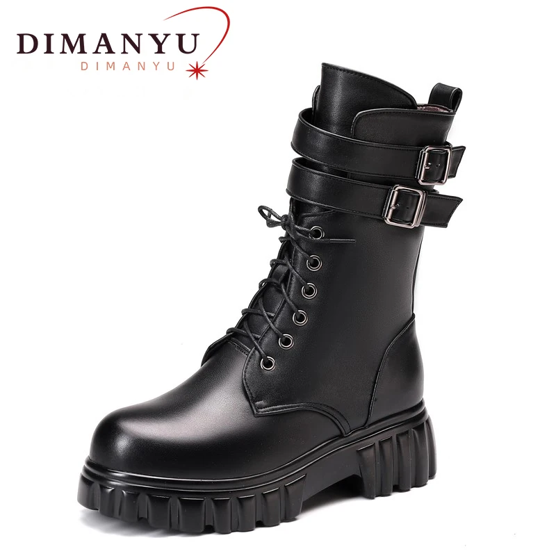 

Women's Mid-calf Shoes Winter 2024 New Genuine Leather Lace Women's Boots Thick Soles Non-slip Motorcycle Boots For Women