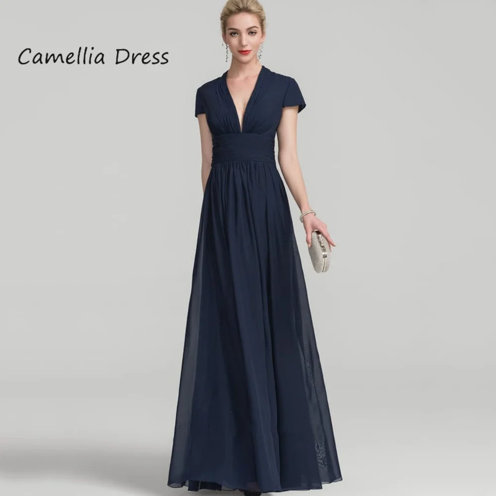

Customized Simple Mother of Dresses A Line Elegant Evening Gowns V Neck Bride Party Dress Short Sleeve vestido invitada boda