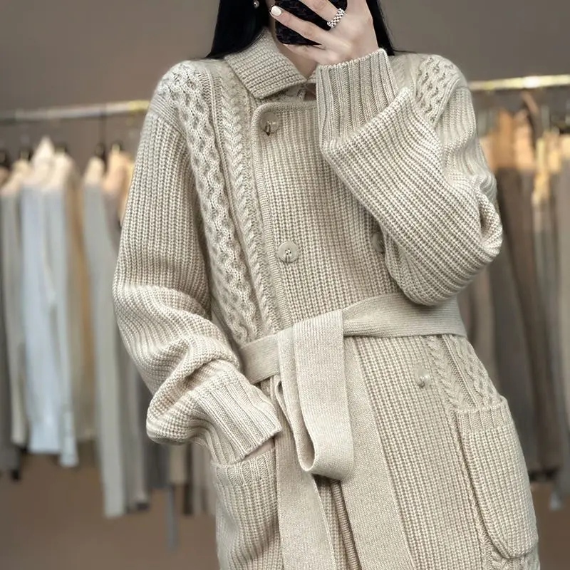 Fashion Solid Color Midi Knitted Cardigan Korean Lapel Women\'s Clothing Pockets Spliced Autumn Winter Drawstring Sashes Sweaters