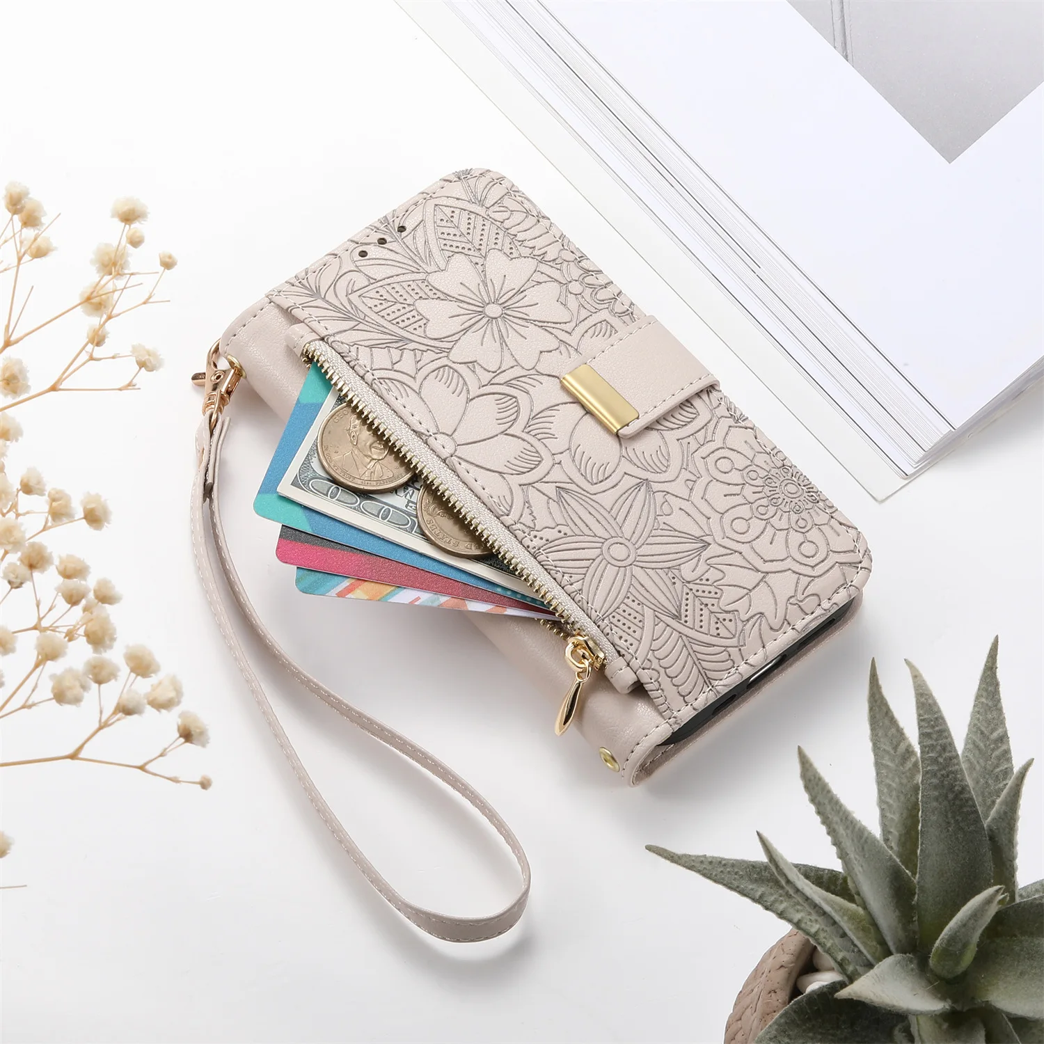 Casing Kulit Lipat Elegan dengan Dompet Motif Daun Bunga untuk iPhone 17 Air 17 Pro 16 Pro Max 15 Pro