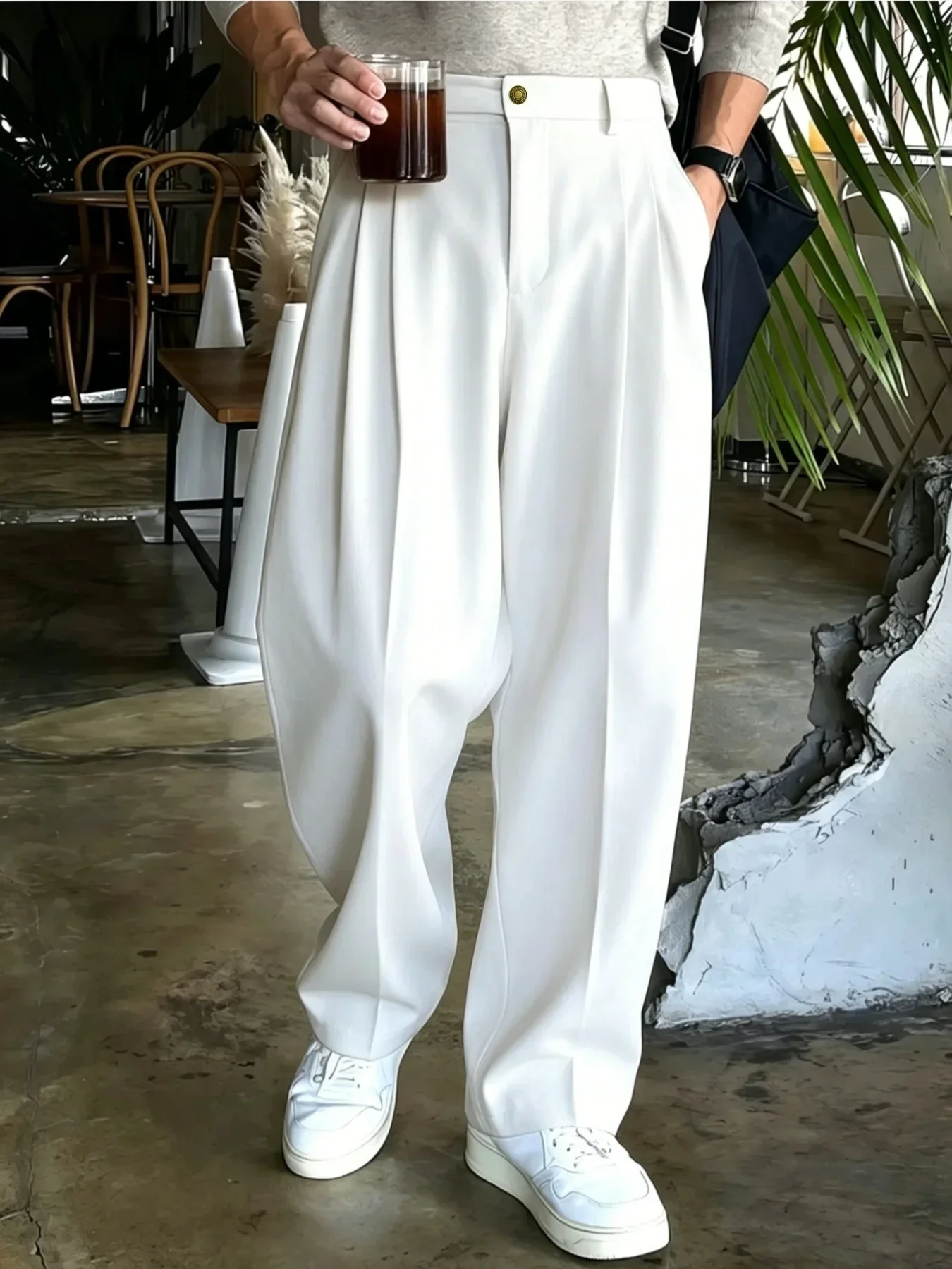 Fashion Mens Double Pleated Wide Leg Suit Pants Korean Clean Fit Draped Slacks Loose Baggy Trousers Business Casual Streetwear