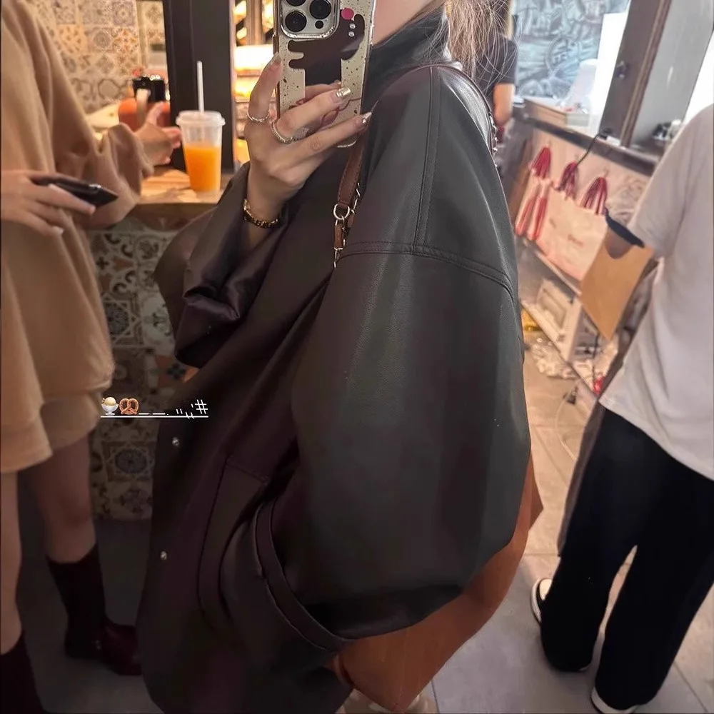 Fall 2025 New Korean Version of Retro Stand-up Collar Shirt Leather Jacket Women's Trench Coat Jacket Versatile Top