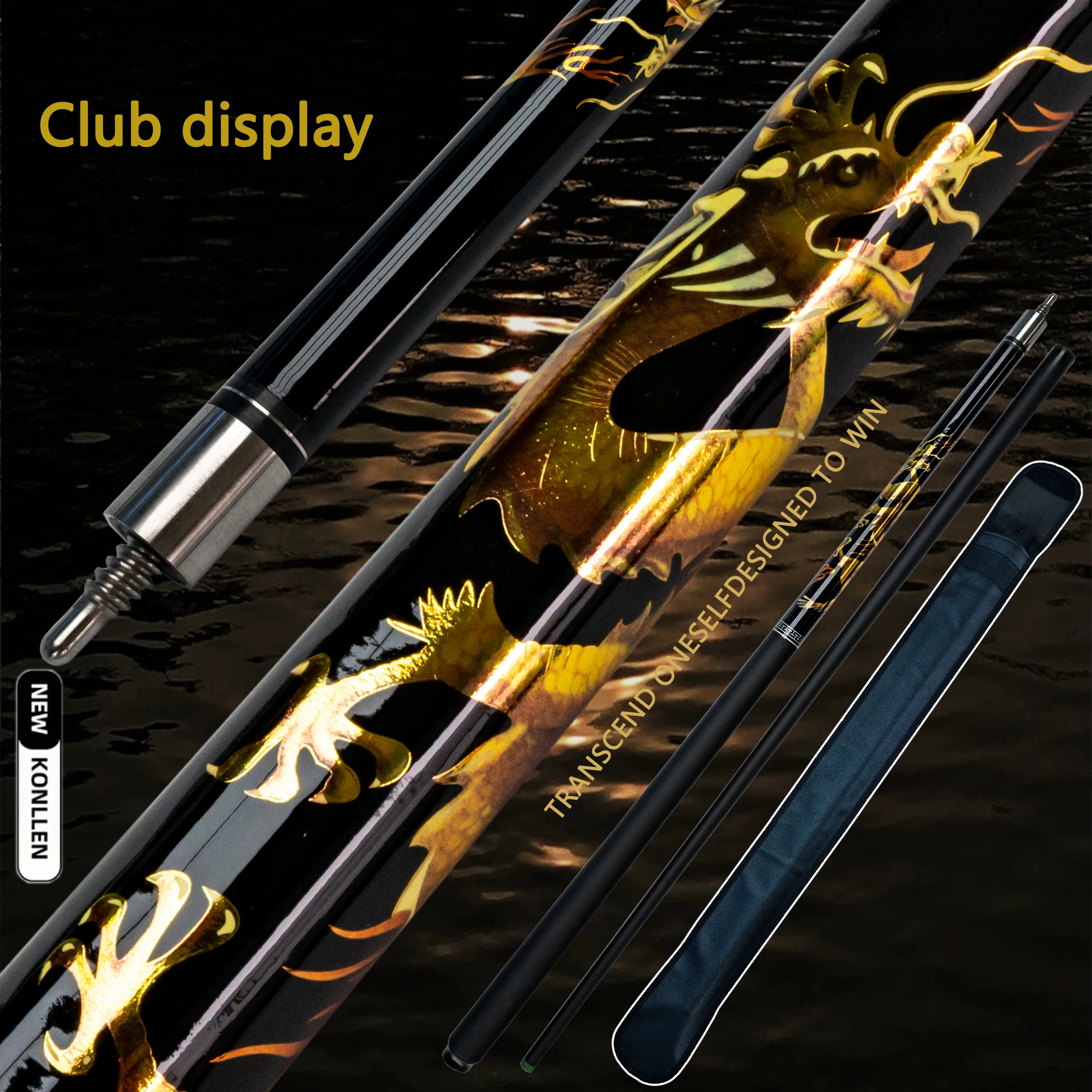 

Professional Carbon Pool Cue with Tip Golden Dragon Design Cue Case Perfect for Nine Ball and Carom 12.5mm Tip