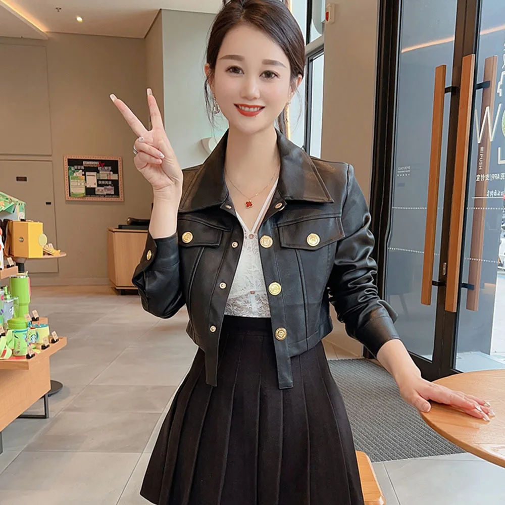 Elegant Women Metal Buckle Irregular Leather Jackets Crop Tops Korean Female Black Short PU Coats Ladies Office Green Outerwear