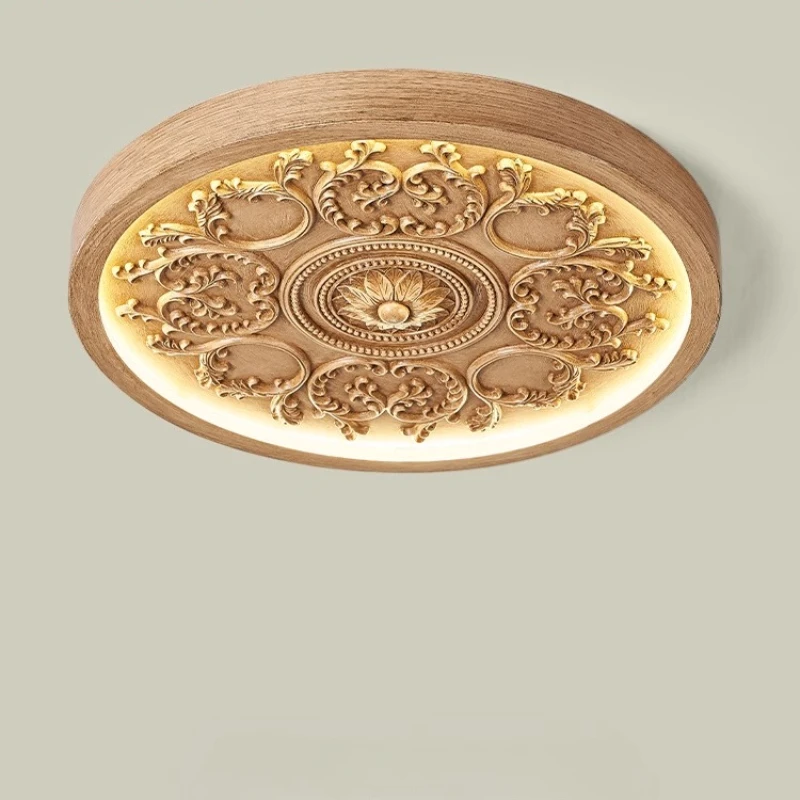 French Cream Style Art Carving Flower Ceiling Lights Simple Circular Imitation Wood Color LED Ceiling Lamps Kitchen Dining Hall