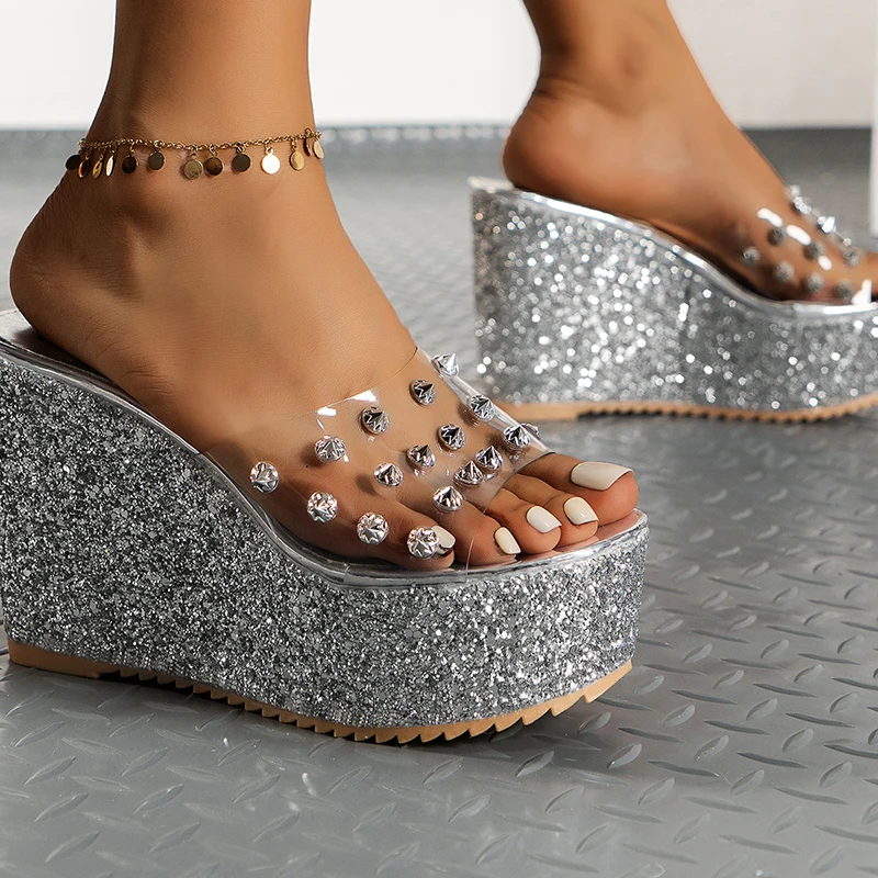 Silver Sequin Chunky Platform Sandals Women Summer 2023 Transparent Pvc Crystal Wedges Slippers Woman Open Toe High Heels Slides