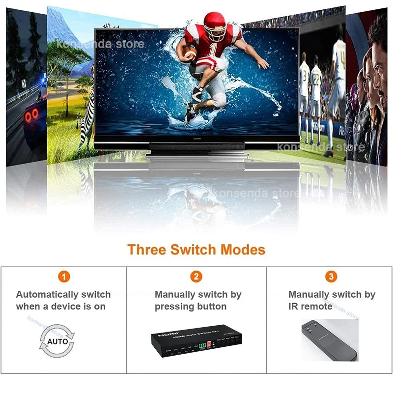 4-port HDMI التبديل التلقائي 4 في 1 خارج مع 10/18/20 ثانية دورة التبديل 1080P محول سلس محدد 4x1 لمشغل التلفزيون الكمبيوتر