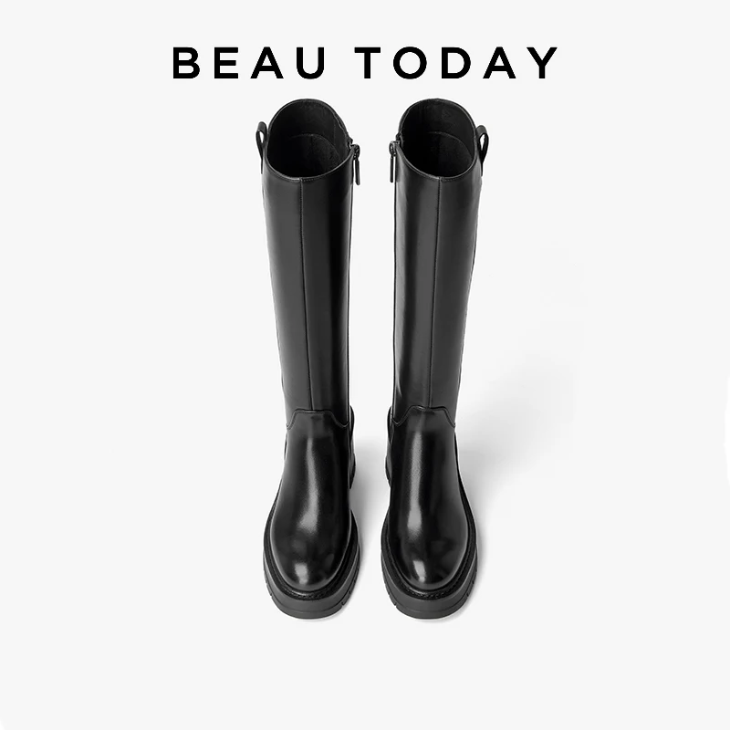 Beautoday Black Knee-high Boots Women Genuine Cow Leather Short Plush Solid Color 2023 Winter Warm Ladies Shoes Handmade 01325