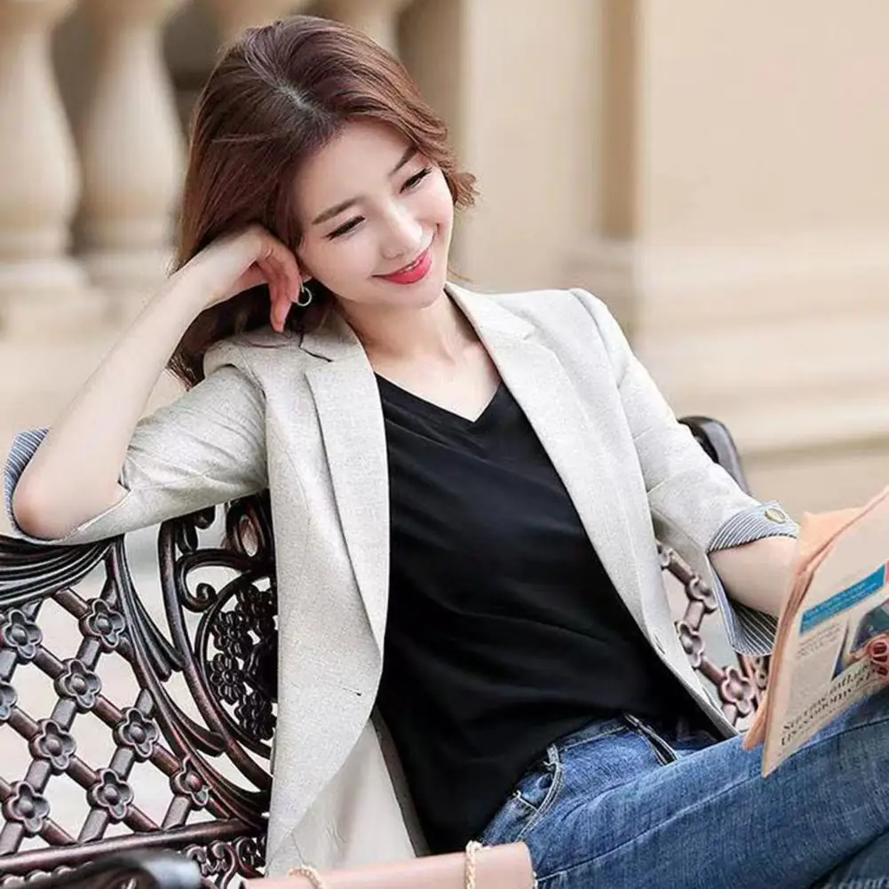 Women Blazer Three Quarter Sleeves Lapel Notch Collar Lady Formal Thermal Cardigan Plus Size Business Lady Coat Party