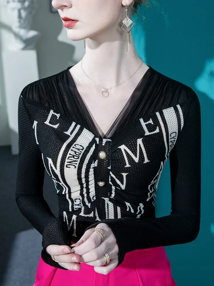 

Long Sleeves Modern Dance Competition Costume Women Dancewear Tops Line Jazz Letter Chinese Folk Korean Latin Adult T-shirt